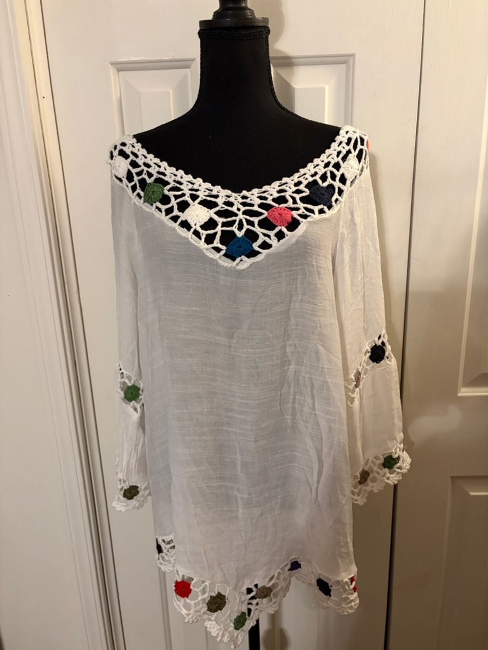 White Crochet Trim Coverup with Multi-Color Accents